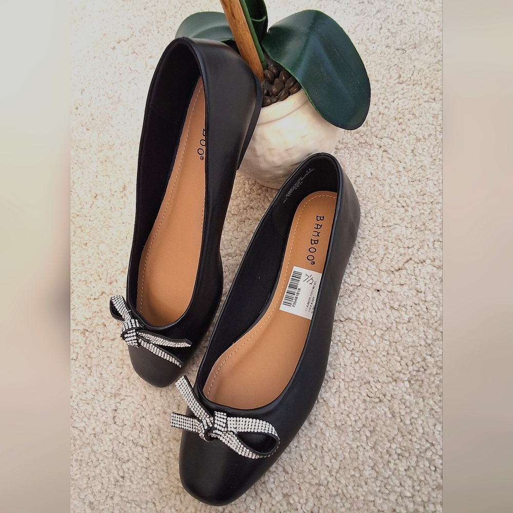 SOLD!!!Bamboo NWT, #2 Pair, 7.5, Woman's Black White Rhinestone Flat Dress Shoes - Picture 1 of 10